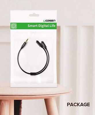 Кабель Ugreen AV134, Audio(m) 3.5mm - 2*Audio(f) 3.5mm сплиттер для наушников (20816)