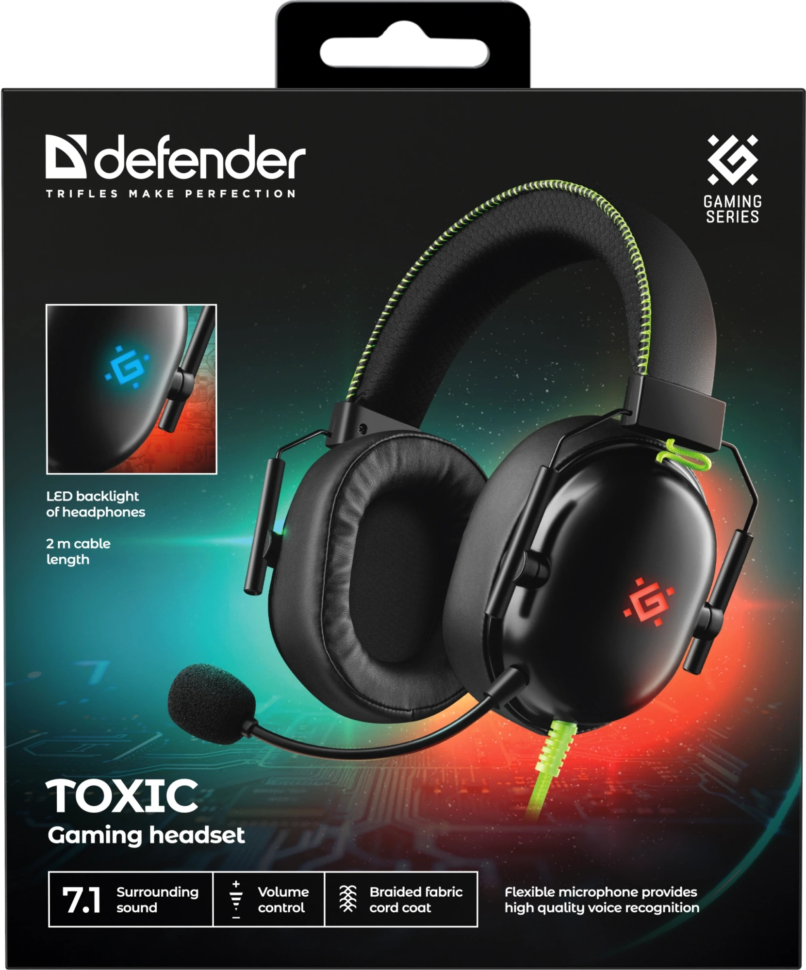 Игровая гарнитура Defender Toxic черный, 7.1, LED, провод 2 м (64552)