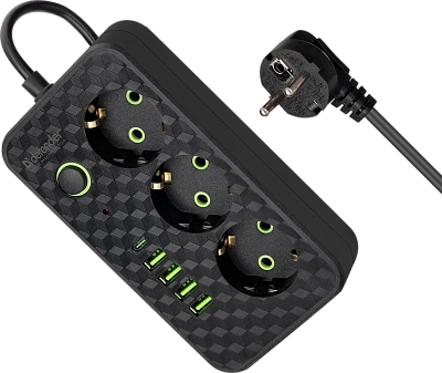 Удлинитель Defender без заземления R220 3 м, 3 розетки, 4xUSB, 1xType-C, черный (99293)