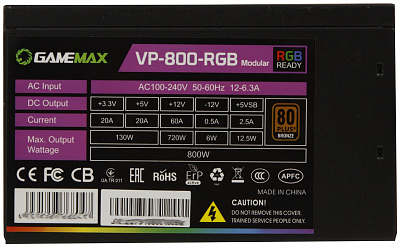 Блок питания ATX 800W GameMax VP-800-RGB Modular, Bronze (VP-800-RGB MODULAR)