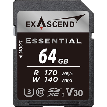 Карта памяти SD Exascend Essential, 64Gb, SDXC I, UHS-I (V30), R170/W140 (EX64GSDU1-S)