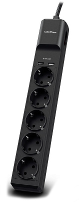 Сетевой Фильтр CyberPower B0520SUC0-DE NEW 1,8м, 5 розеток, 10А, 350Дж, 2 USB 2,4A, черный цвет (B0520SUC0-DE)