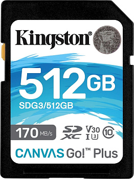 Карта памяти SD, Kingston Canvas Go! Plus, 512GB, SDG3/512GB, Class 10, UHS-I, R170/W90 (SDG3/512GB)