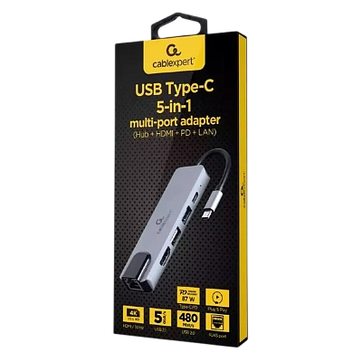 Конвертер Cablexpert USB Type-C 5-in-1 multi-port adapter (Hub HDMI PD LAN) (A-CM-COMBO5-04)