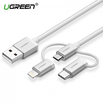 Переходник Ugreen US186 USB 2.0 A To Micro USB+Lightning+Type C (3 in 1) Cable Sliver 1.5M, 50203 (50203)