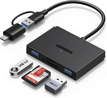  USB Хаб UGREEN USB 3.0/Type C 2 port HUB + CardReader, 0.15m CM812 (45167)