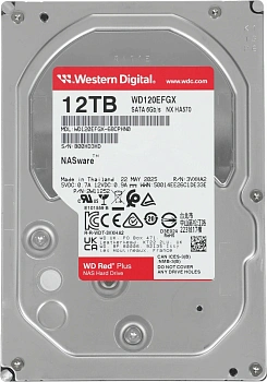 Жесткий диск HDD 12TB WD Red Plus, 3.5", 7200rpm, SATA III, 512MB (WD120EFGX)