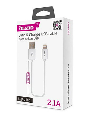 Кабель OLMIO USB 2.0 - Lightning, для Apple iPhone/iPod/iPad, 1м, белый (38655)