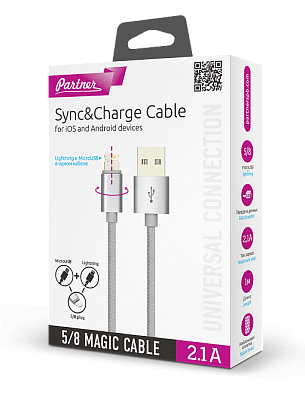 Кабель OLMIO USB 2.0 - MAGIC 5/8 (microUSB+lightning), 1м, 2.1А (38767)