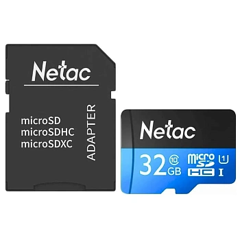 Карта памяти MicroSD, Netac P500 Standart 32GB 90MB/s Class 10, + SD Adapter (NT02P500STN-032G-R)