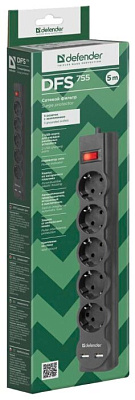 Сетевой фильтр Defender DFS 755 5 розеток, 5 м (защита от ВЧ и импульсных помех, USB зарядка 2.1А), (99755)
