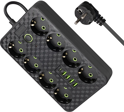 Удлинитель Defender без заземления R215 3 м, 8 розеток, 4xUSB, черный (99291)