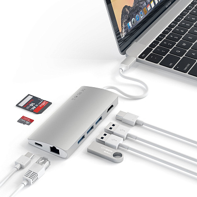 Картридер / USB-хаб Satechi Type-C Multi-Port Adapter 4K with Ethernet V2 - Silver (ST-TCMA2S)