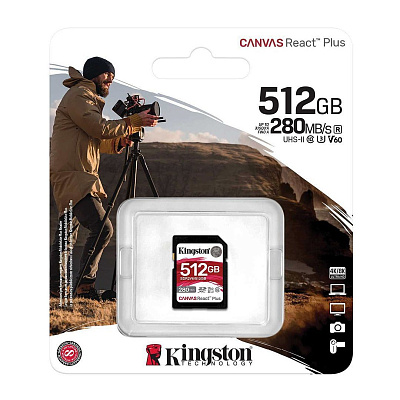  Карта памяти SD, Kingston Canvas React Plus, 512GB V60 (SDR2V6/512GB)