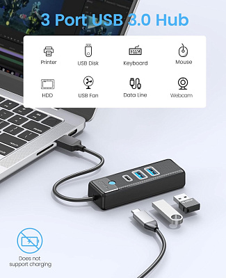 USB хаб 3.0 HUB 2xUSB-A + USB-C, 0.15m (ORICO-PWC2U-U3-015-BK-EP)