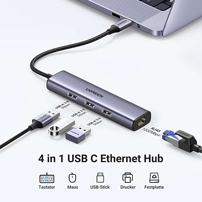 Конвертер USB 3.1(m) Type C на LAN RJ-45,1000Mbps + USB 3.0 HUB 3 port, 0.2m CM475 (60600)