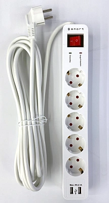 Сетевой фильтр SMART SM-G5WU-5M, 5 розеток, 2xUSB 5V/2.1A, 5м, White (SM-G5WU-5M)