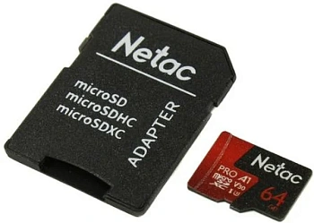 Карта памяти MicroSD, Netac P500 Extreme Pro 64GB 100MB/s Class 10, + SD Adapter (NT02P500PRO-064G-R)