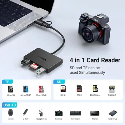  USB Хаб UGREEN USB 3.0/Type C 2 port HUB + CardReader, 0.15m CM812 (45167)