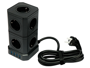Сетевой фильтр + зарядка  Cablexpert Tower, switch, Black (TWR-9-U4-B-2)