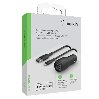 Автомобильное зарядное устройство Belkin, 24W Dual USB-A, USB-A-Lightning, 1m, Black (CCD001bt1MBK)