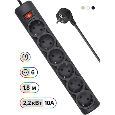 Сетевой фильтр Defender DFS 151 Черный 6 розеток, 1.8 м (защита от ВЧ и импульсных помех) (99494)