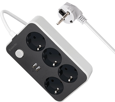 Удлинитель Defender без заземления R230 2 м, 4 розетки, 2xUSB, черный (99294)