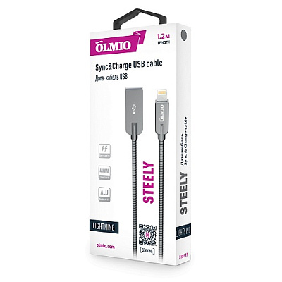 Кабель OLMIO STEELY, USB 2.0 - lightning, 1.2м, 2.1A, серый (38649)