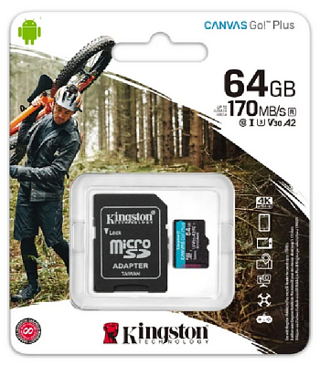 Карта памяти Kingston 64GB microSDXC Canvas Go Plus 170R A2 U3 V30 Card,с адаптером, SDCG3/64GB (SDCG3/64GB)