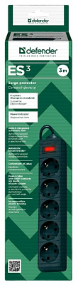 Сетевой фильтр Defender ES 3 метра, 5 розеток, Предохранитель, Черный, original (99485)