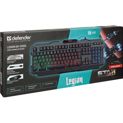 Клавиатура проводная игровая Defender Legion GK-010DL, ENG/RUS, USB, RGB подсветка (45010)