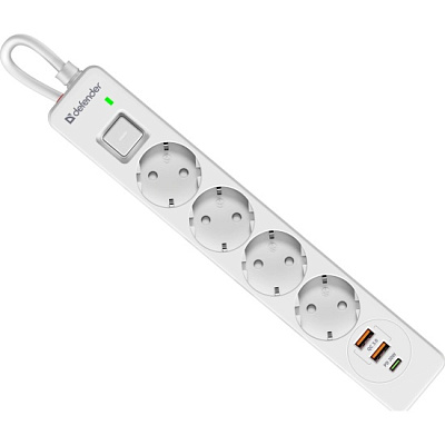 Сетевой фильтр Defender DFS 145 - 5,0 М, 4 розеток, 2xUSB, 1xType-C, белый (99435)