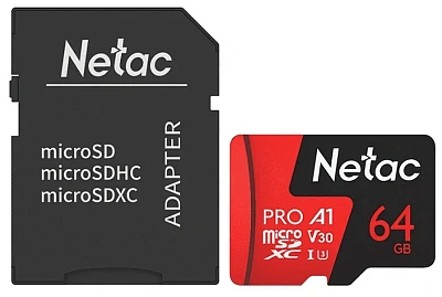 Карта памяти MicroSD, Netac P500 Extreme Pro 64GB 100MB/s Class 10, + SD Adapter (NT02P500PRO-064G-R)