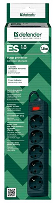 Сетевой фильтр Defender ES 1,8 метра, 5 розеток, Предохранитель, Черный, original (99484)