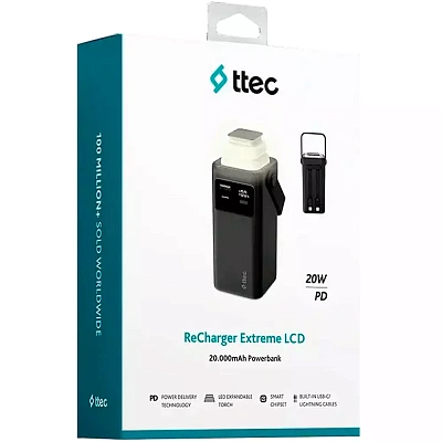 Пауэрбанк ttec ReCharger Extreme LCD, 20.000mAh - Black (2BB238S)