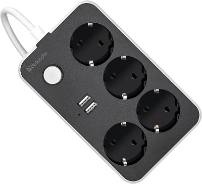 Удлинитель Defender без заземления R230 2 м, 4 розетки, 2xUSB, черный (99294)